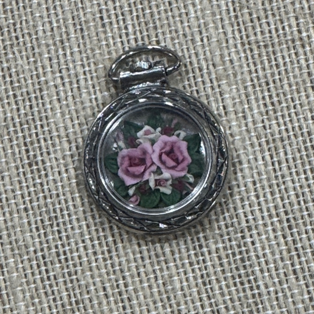 Vintage Italian Silver-Tone Pocket Watch with Elegant Porcelain Rose Bouquet